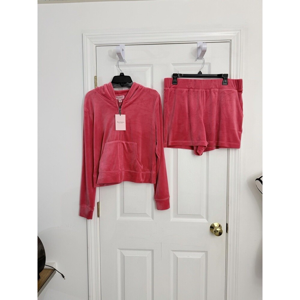 Juicy Couture Watermelon Pink Velour Tracksuit Hoodie and Shorts Set XL NWT - Picture 2 of 9